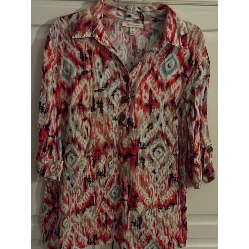 JM‎ Collection Linen Ikat Print Tunic Shirt Womens Size 14 Red Multi Color